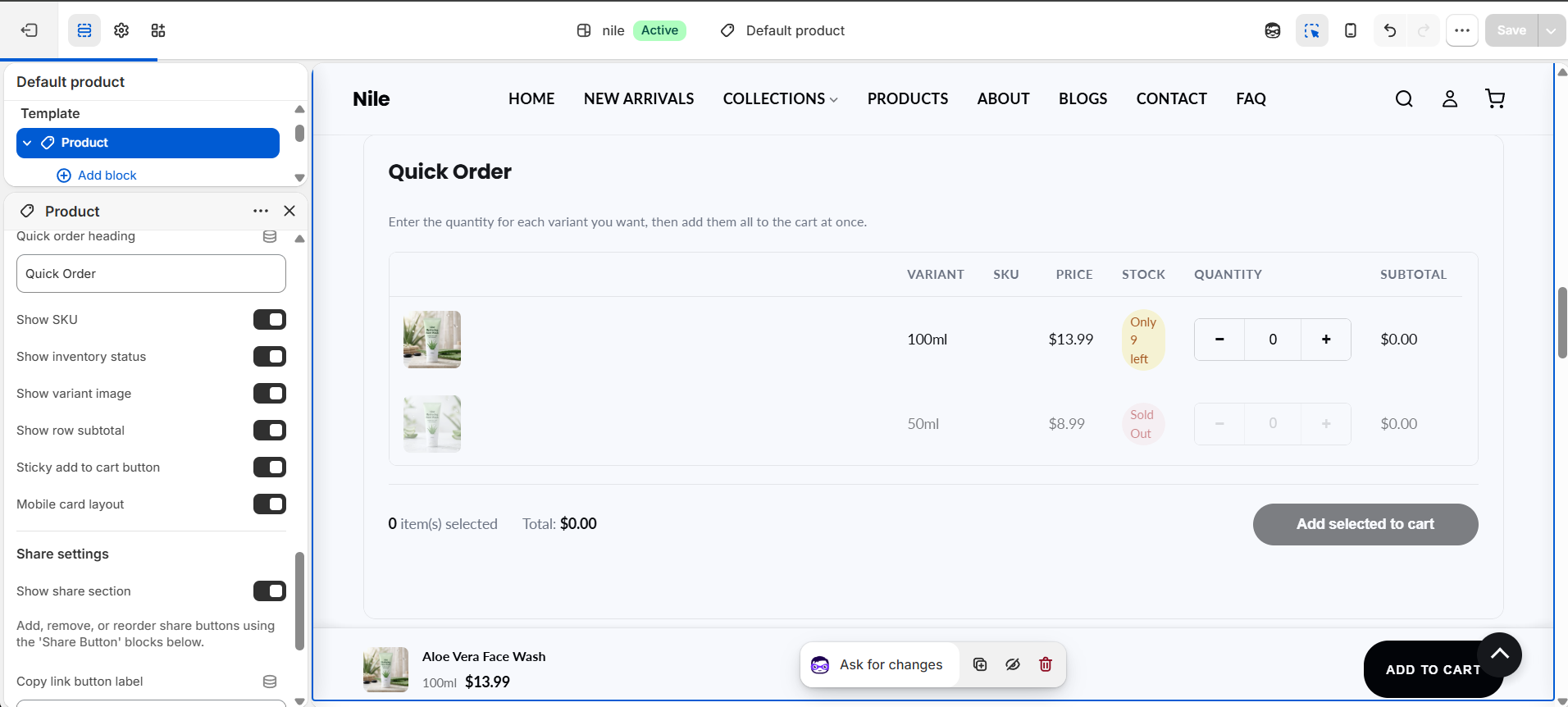 Product Main settings (4 of 4) - quick order list and share settings