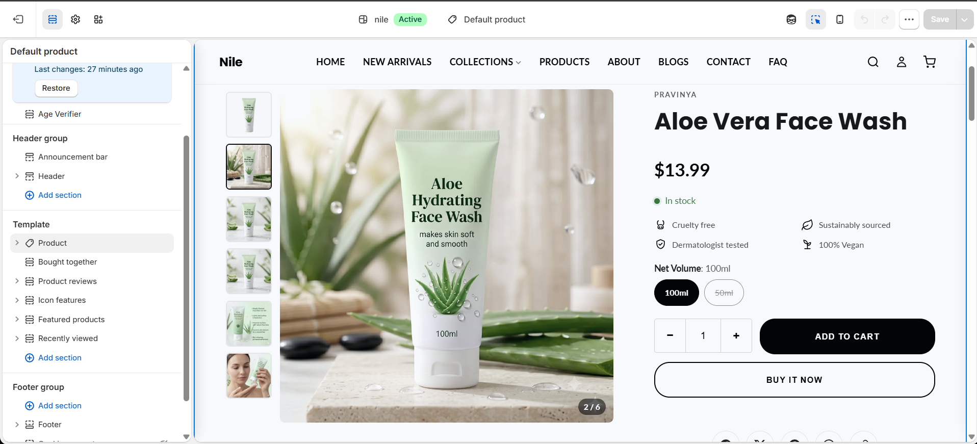 Product page template in the theme editor - product main, bundles, reviews, icon features, featured products and recently viewed