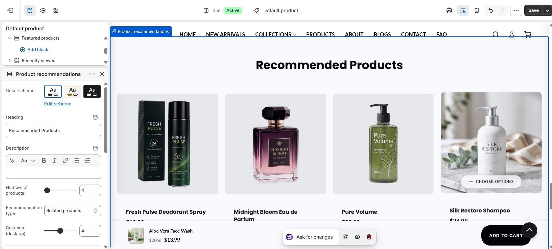 Product Recommendations section settings - heading, recommendation type and product count