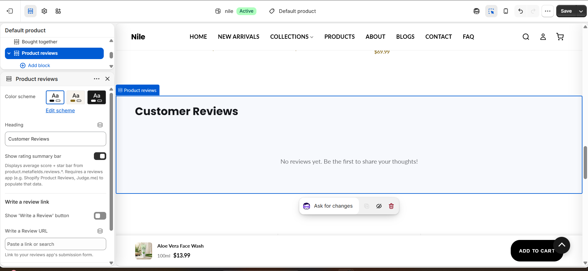 Product Reviews section settings - heading, rating summary bar and Write-a-Review button