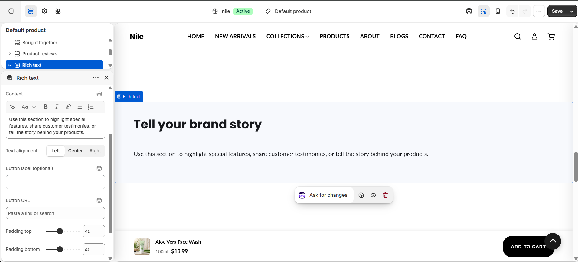 Rich Text section settings - heading, content, alignment, button and padding