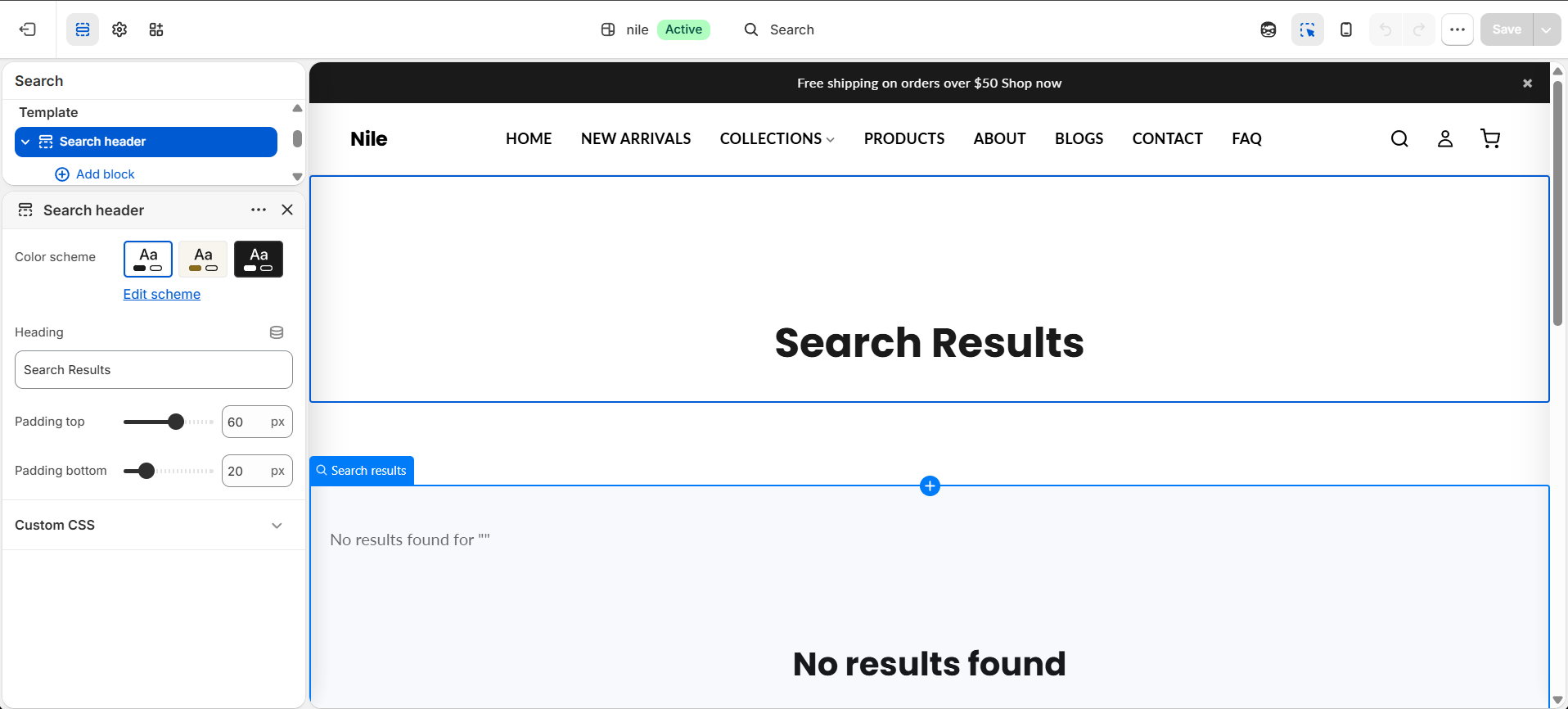 Search Header section settings - heading and search-term line