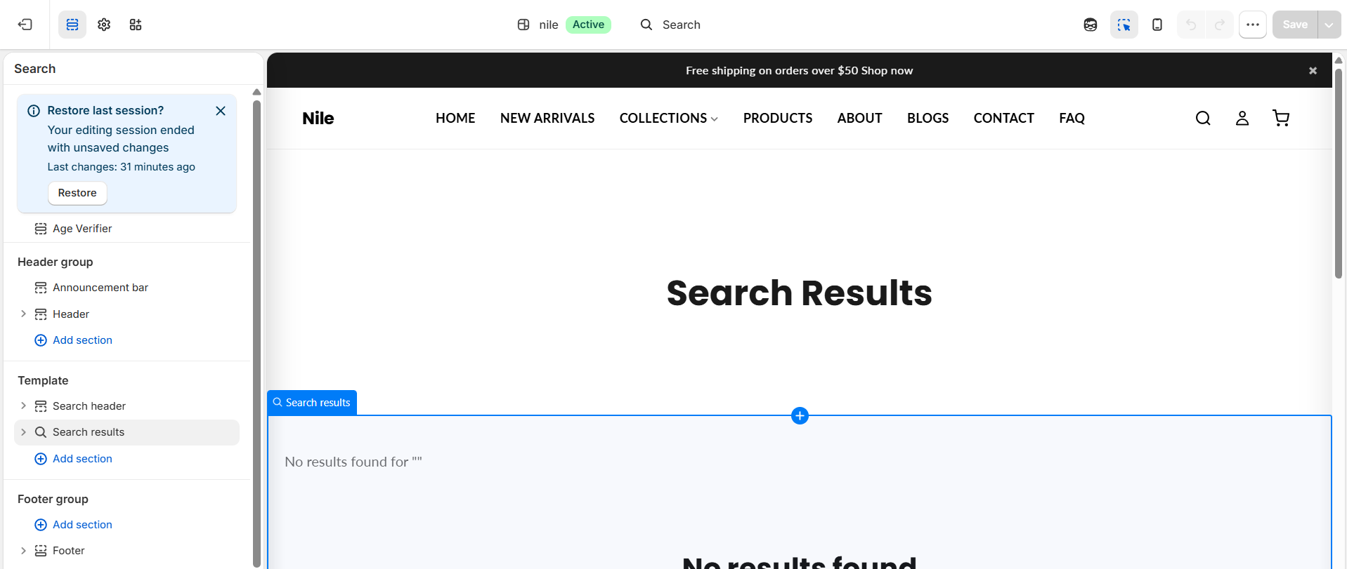 Search page template in the theme editor - search header and search results