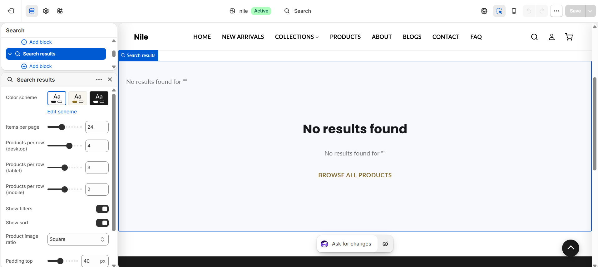Search Results section settings - grid layout, filters, sorting and result types