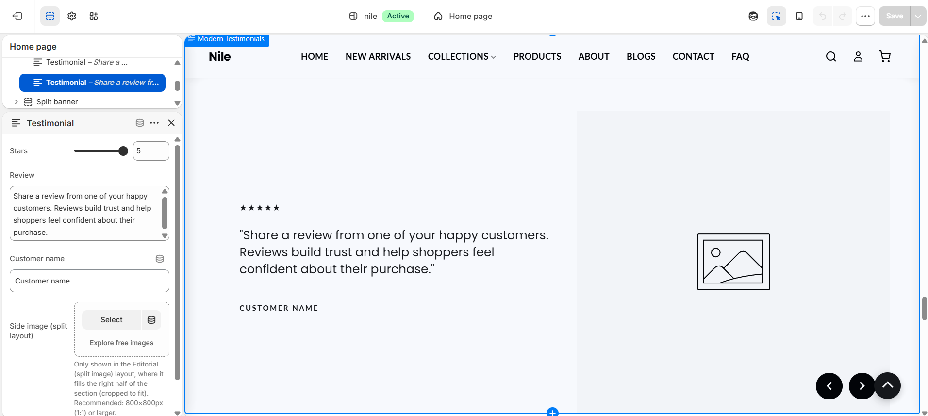 Testimonial block - stars, review text, customer name and side image