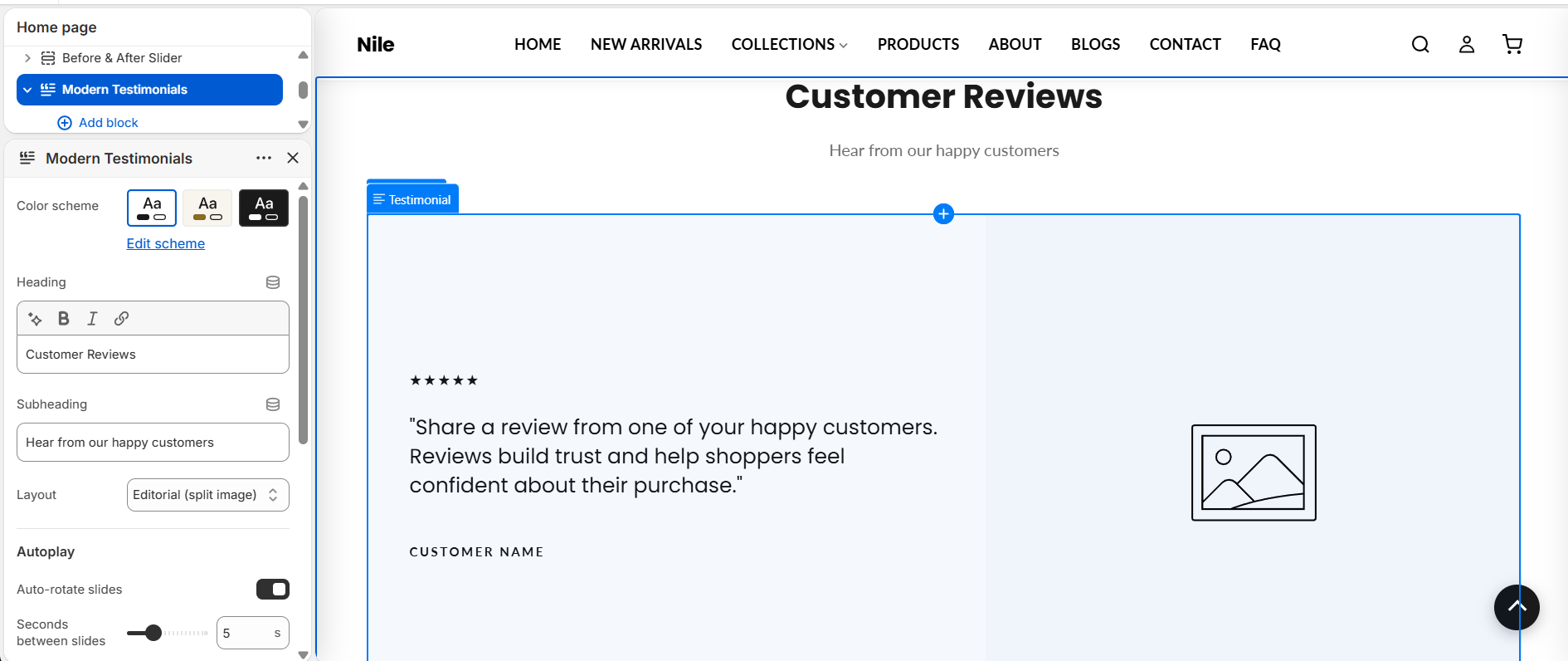 Modern Testimonials section settings - heading, layout, autoplay and arrow colors (reviews are built from Testimonial blocks below)
