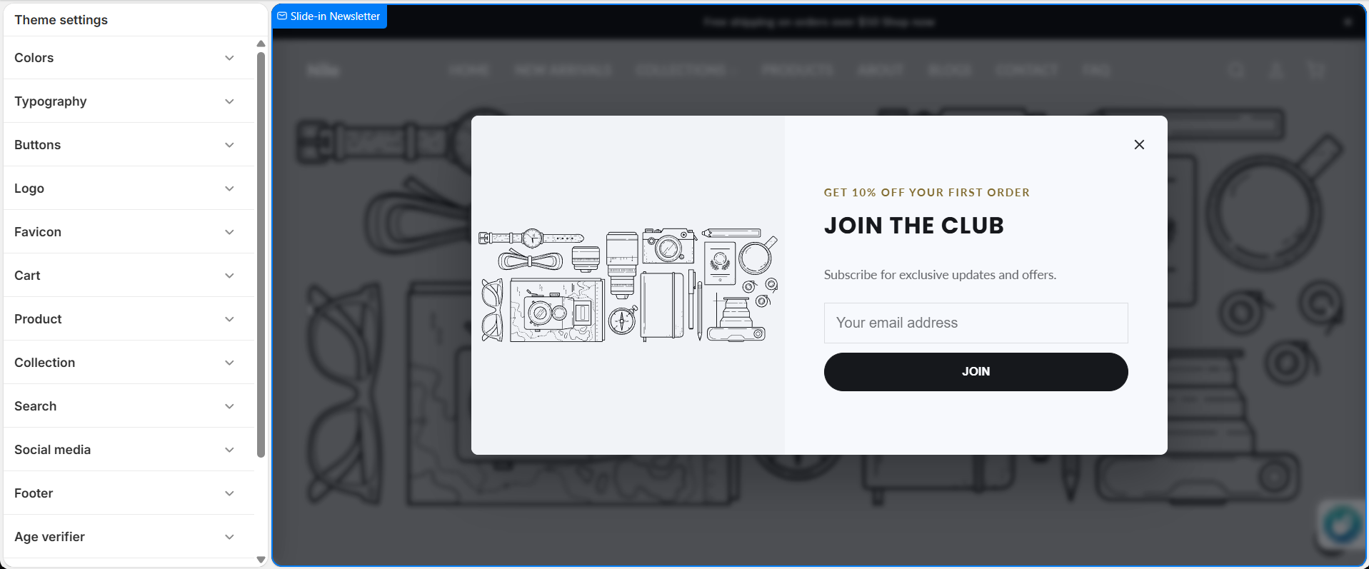 Theme settings groups in the editor - Colors, Typography, Buttons, Logo, Favicon, Cart and more